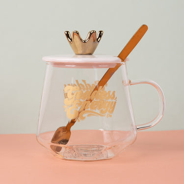 Goddess Energy  Borosilicate Glass Mug with Lid + Spoon