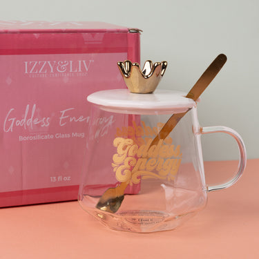 Goddess Energy  Borosilicate Glass Mug with Lid + Spoon