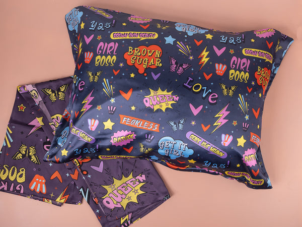 Girl Boss Emoji Satin Pillowcase + Scarf Set