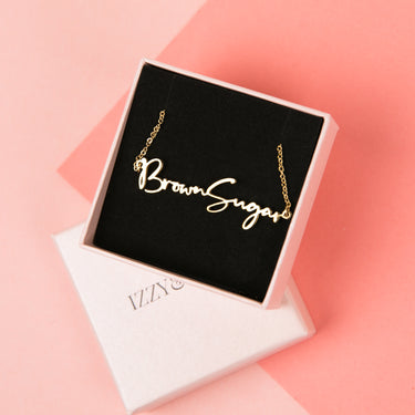 "Brown Sugar" Script Necklace (18k gold or silver plated)
